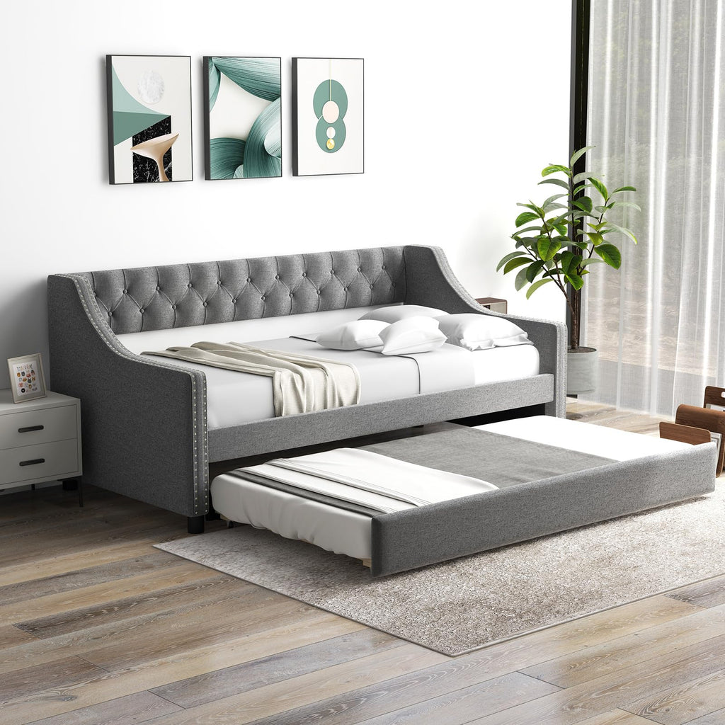 Grey Upholstered Twin Daybed with Trundle H2821