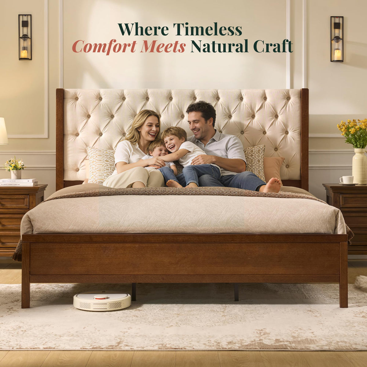 Queen Size Solid Wood Bed Frame with Wingback Headboard G57470