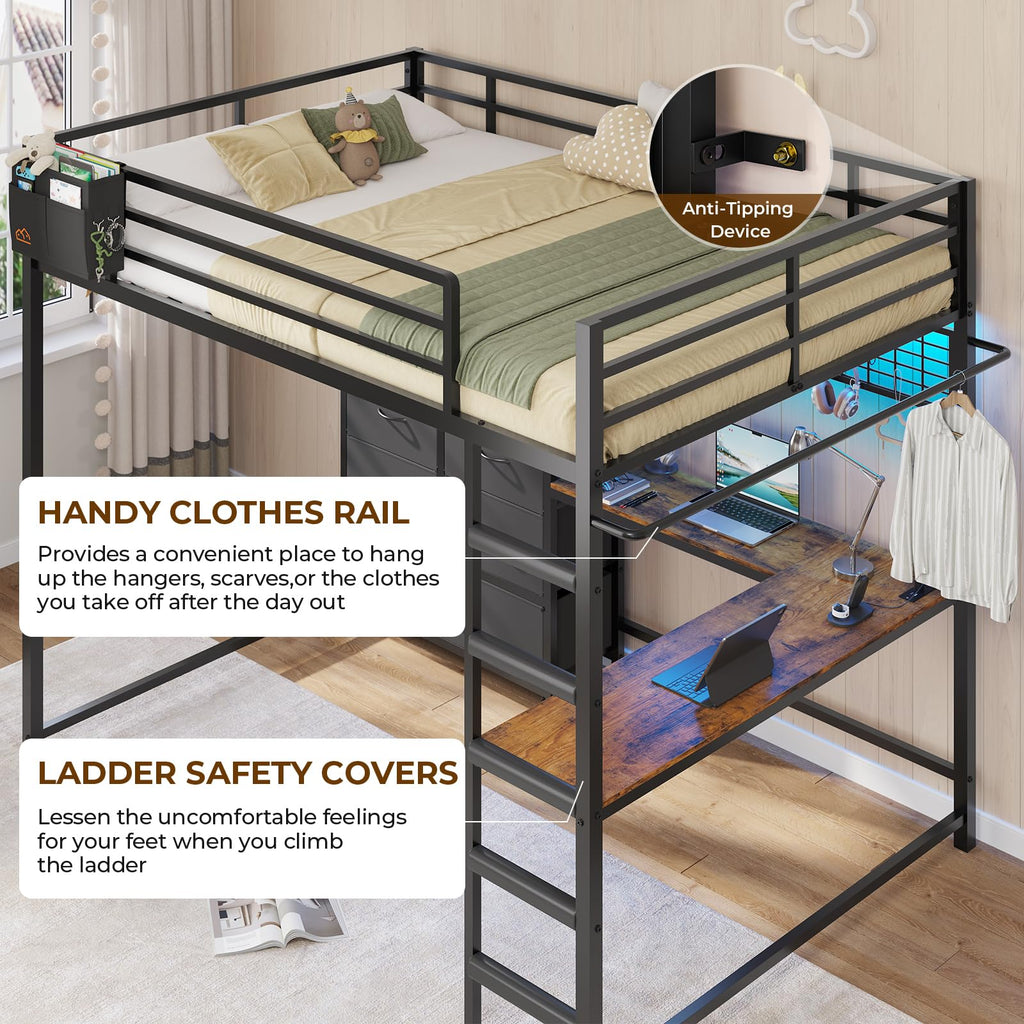 Full Size Loft Bed with L-Shaped Desk, 7 Storage Drawers, LED Lights and Charging Station, Black H585