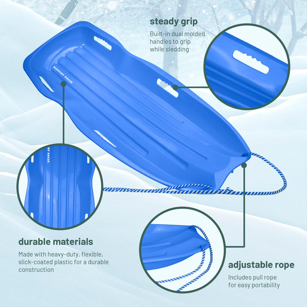 Kids Plastic Snow Sled with Pull Rope and Handles, Blue J484