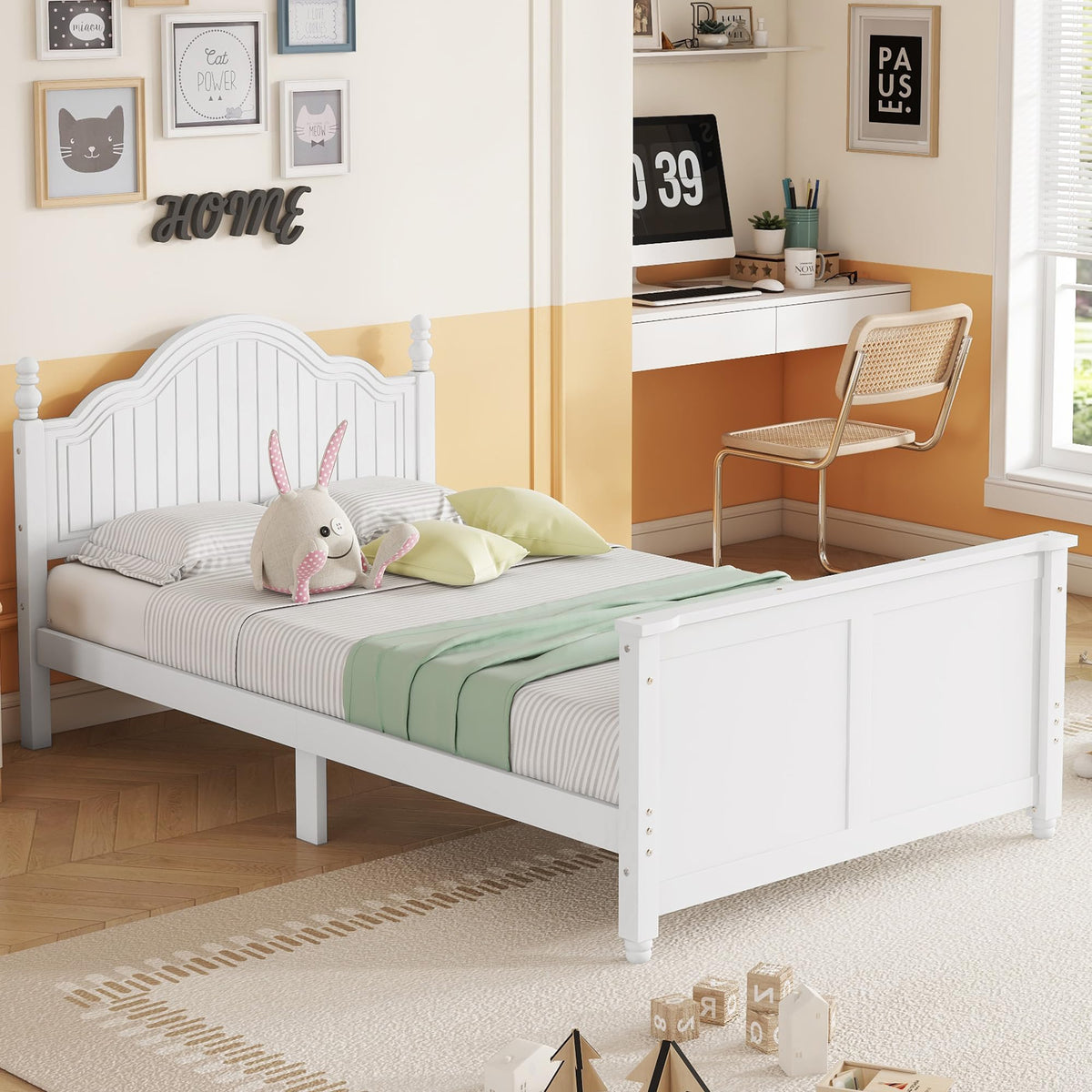 White Twin Bed Frame with Headboard and Rails Q95389
