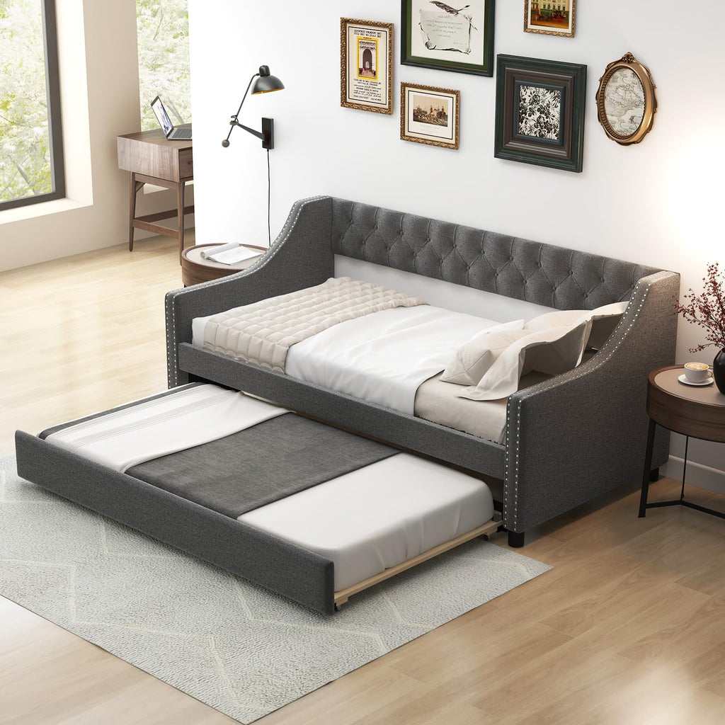 Grey Upholstered Twin Daybed with Trundle H2821