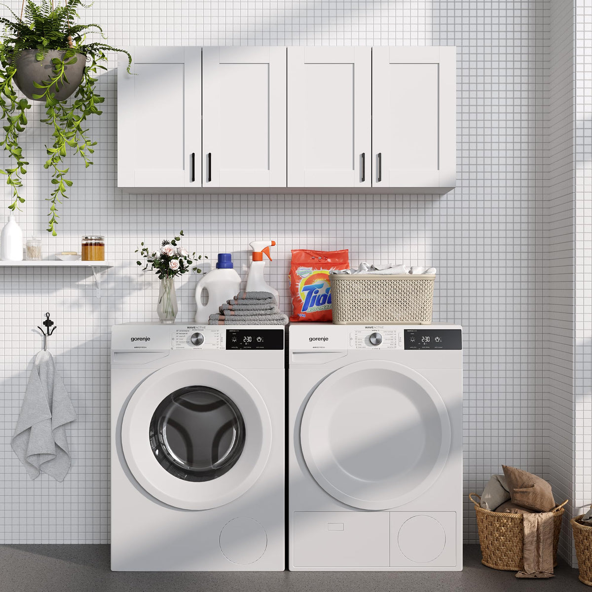 White Laundry Room Cabinets and Storage with 4 Doors and Adjustable Shelf Z702291