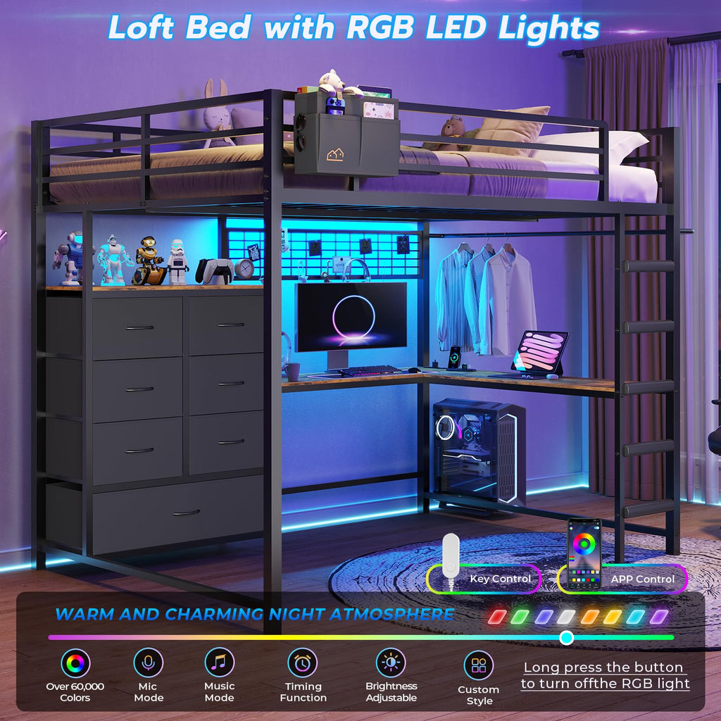 Full Size Loft Bed with L-Shaped Desk, 7 Storage Drawers, LED Lights and Charging Station, Black H585