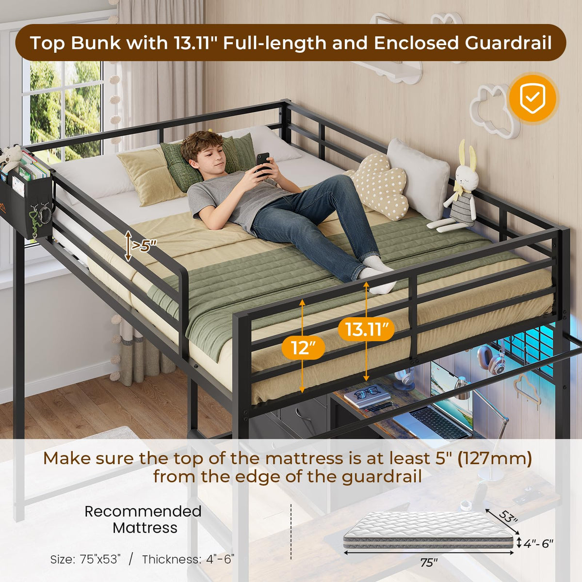 Full Size Loft Bed with L-Shaped Desk, 7 Storage Drawers, LED Lights and Charging Station, Black H585