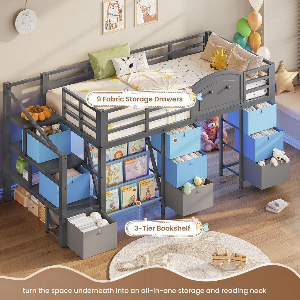 Twin Size Low Loft Bed with 9 Storage Drawers and Staircase A77852