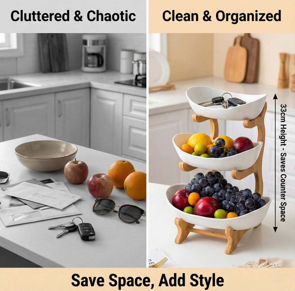 3 Tier Ceramic Fruit Bowls with Wooden Stand B1309
