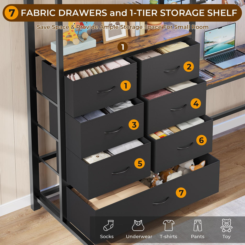 Full Size Loft Bed with L-Shaped Desk, 7 Storage Drawers, LED Lights and Charging Station, Black H585
