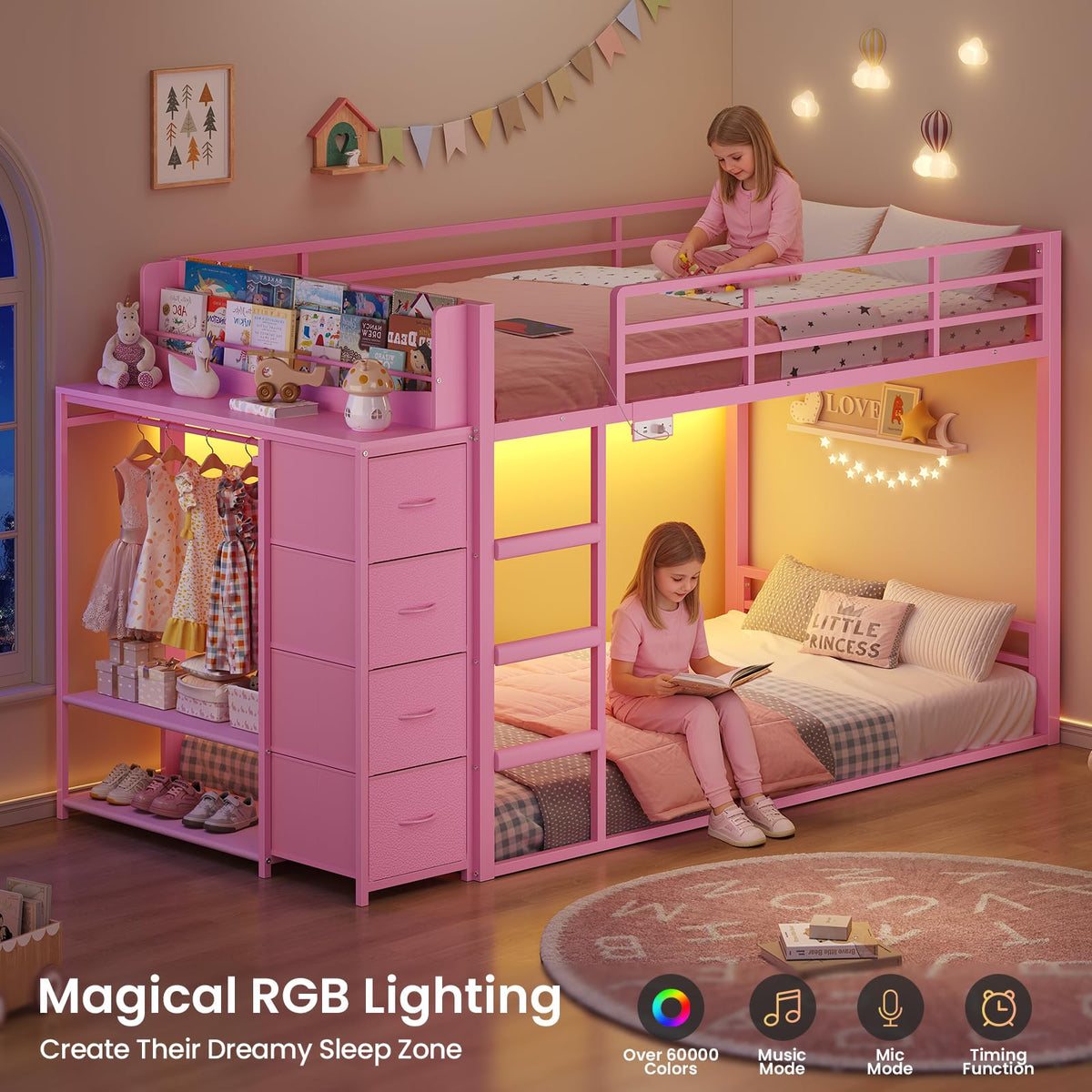 Pink Twin Over Twin Bunk Bed with Bookshelf & Storage Drawer G6053