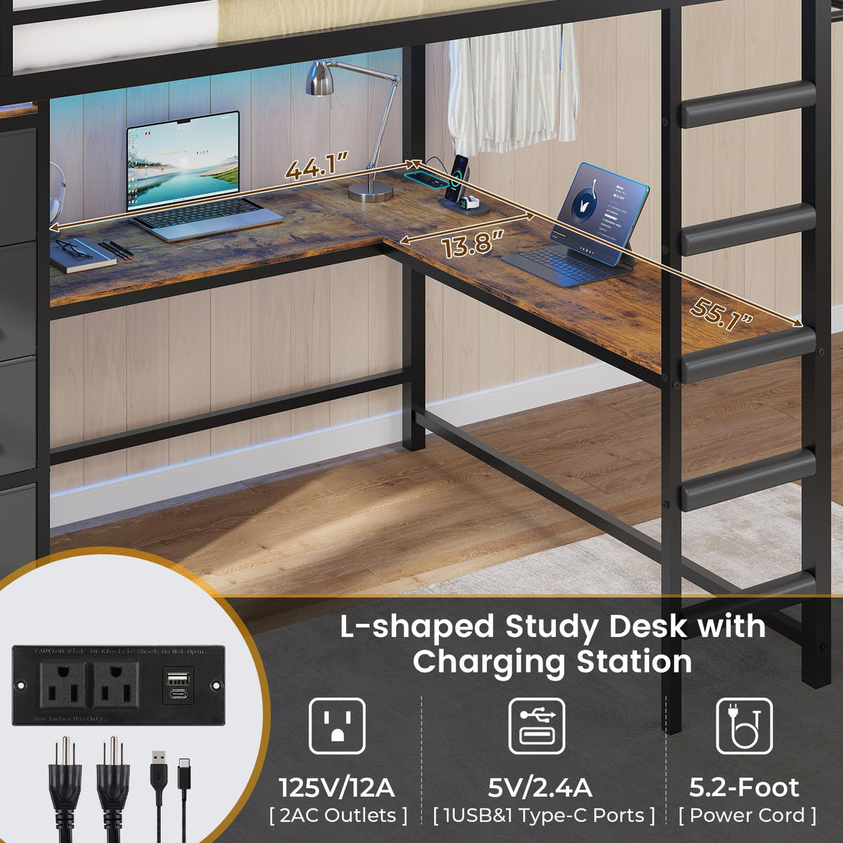Full Size Loft Bed with L-Shaped Desk, 7 Storage Drawers, LED Lights and Charging Station, Black H585