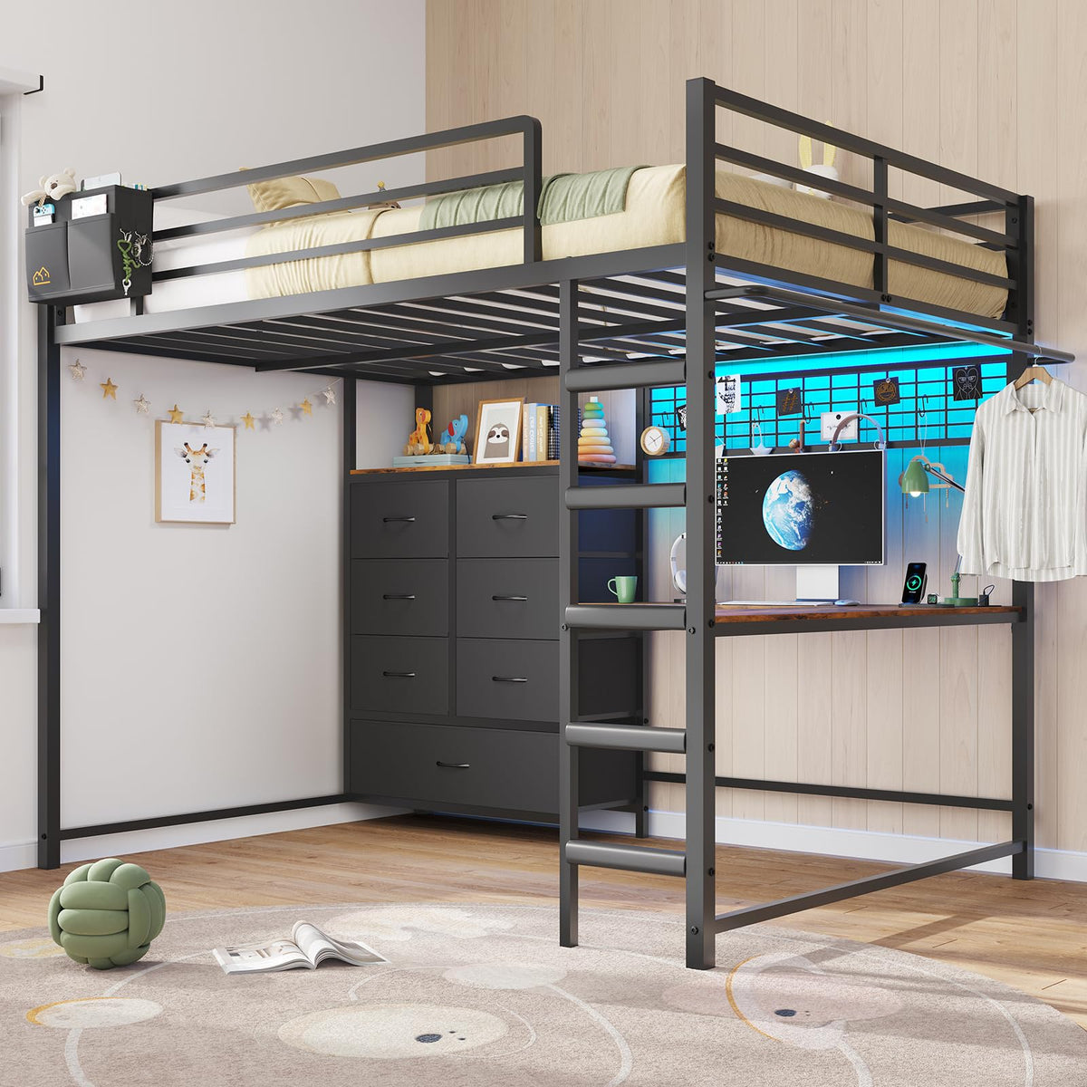 Full Size Loft Bed with L-Shaped Desk, 7 Storage Drawers, LED Lights and Charging Station, Black H585