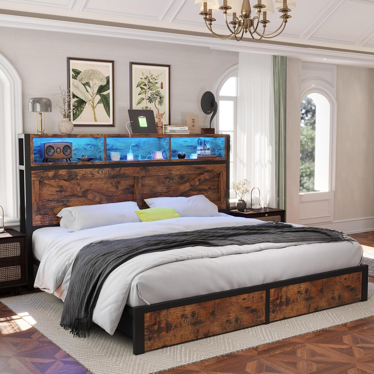 King Bed Frame with Storage Bookcase Headboard & Drawers, Brown K276943