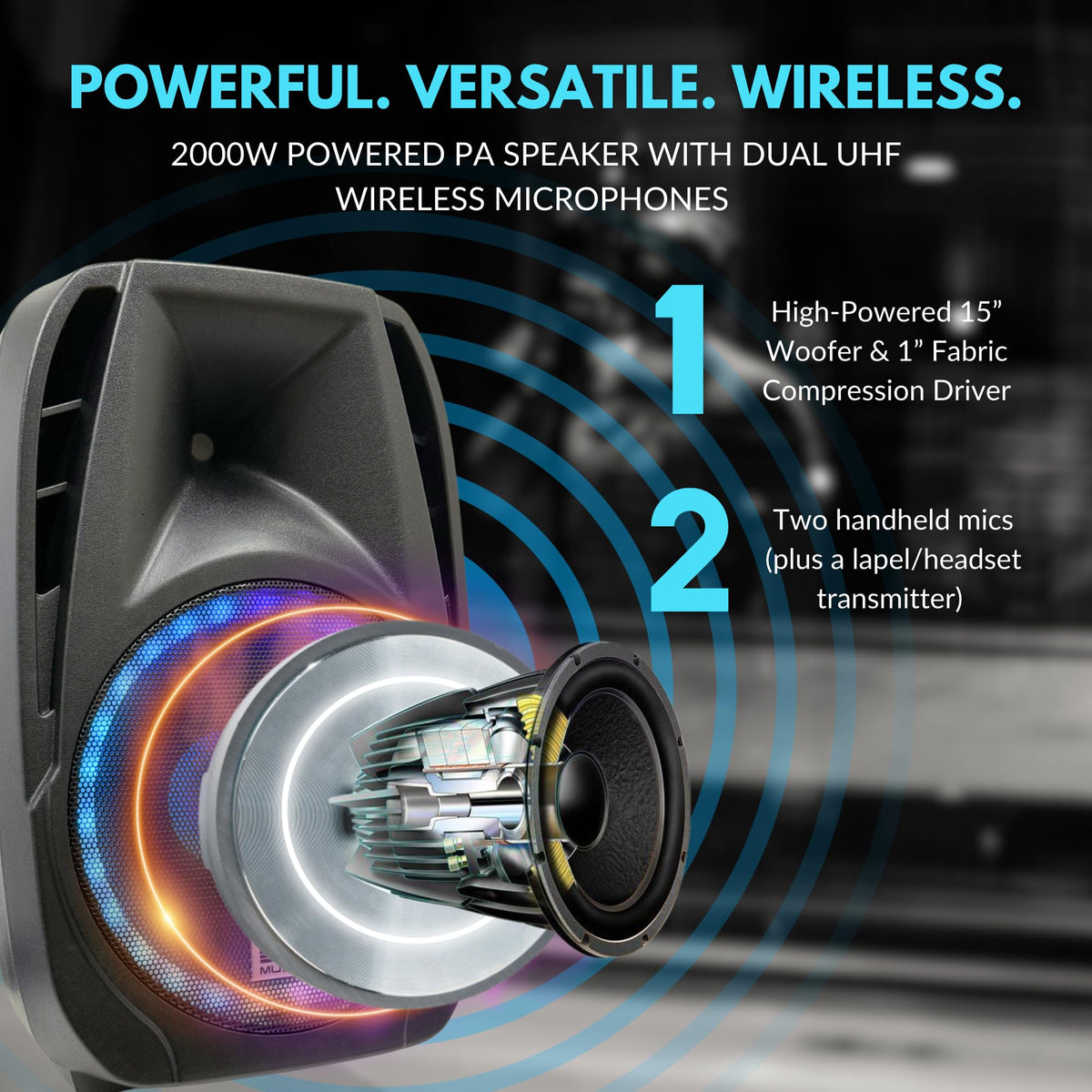 15" 2000W Portable PA Speaker System with Wireless Microphones U856
