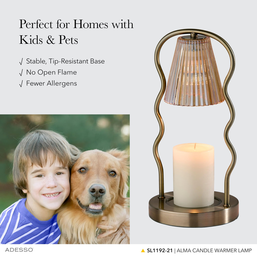 Candle Warmer Lamp, Antique Brass & Ribbed Glass, Dimmable B259403