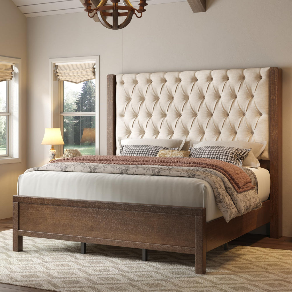 Queen Size Solid Wood Bed Frame with Wingback Headboard G57470