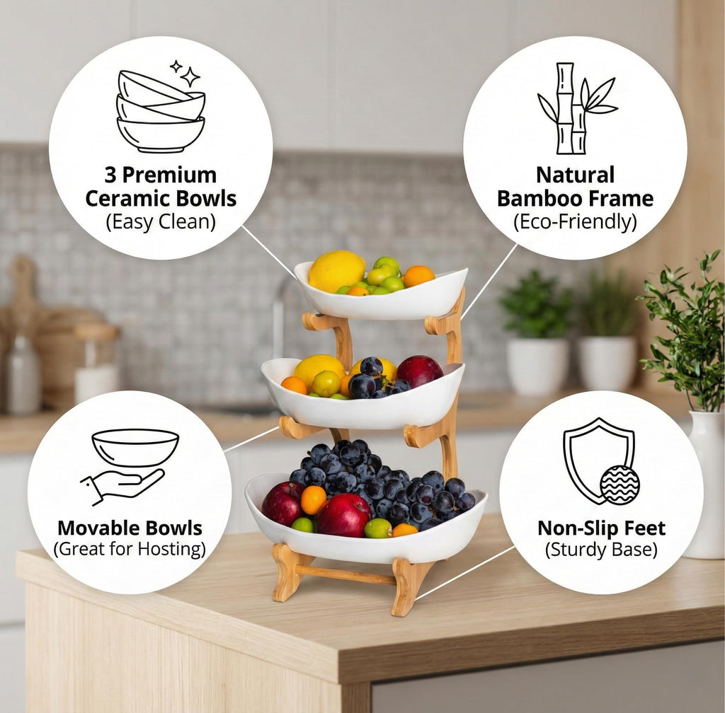 3 Tier Ceramic Fruit Bowls with Wooden Stand B1309