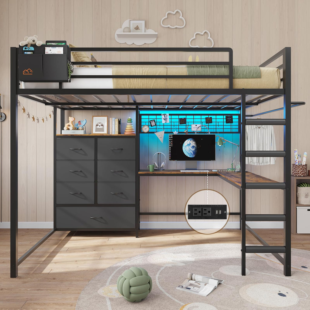 Full Size Loft Bed with L-Shaped Desk, 7 Storage Drawers, LED Lights and Charging Station, Black H585