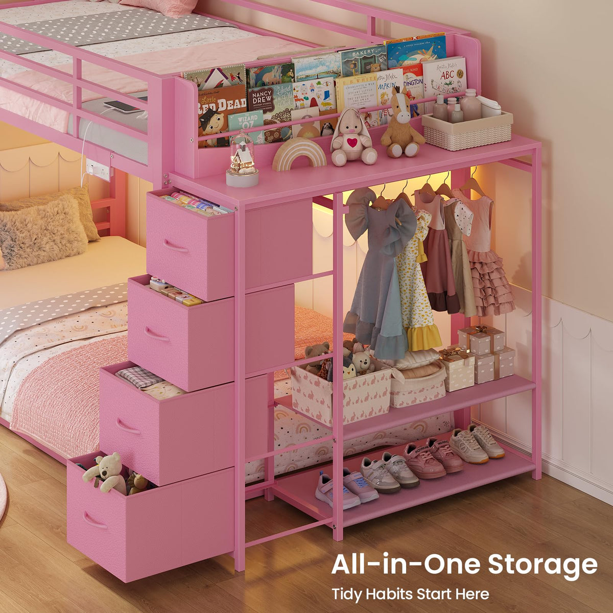 Pink Twin Over Twin Bunk Bed with Bookshelf & Storage Drawer G6053