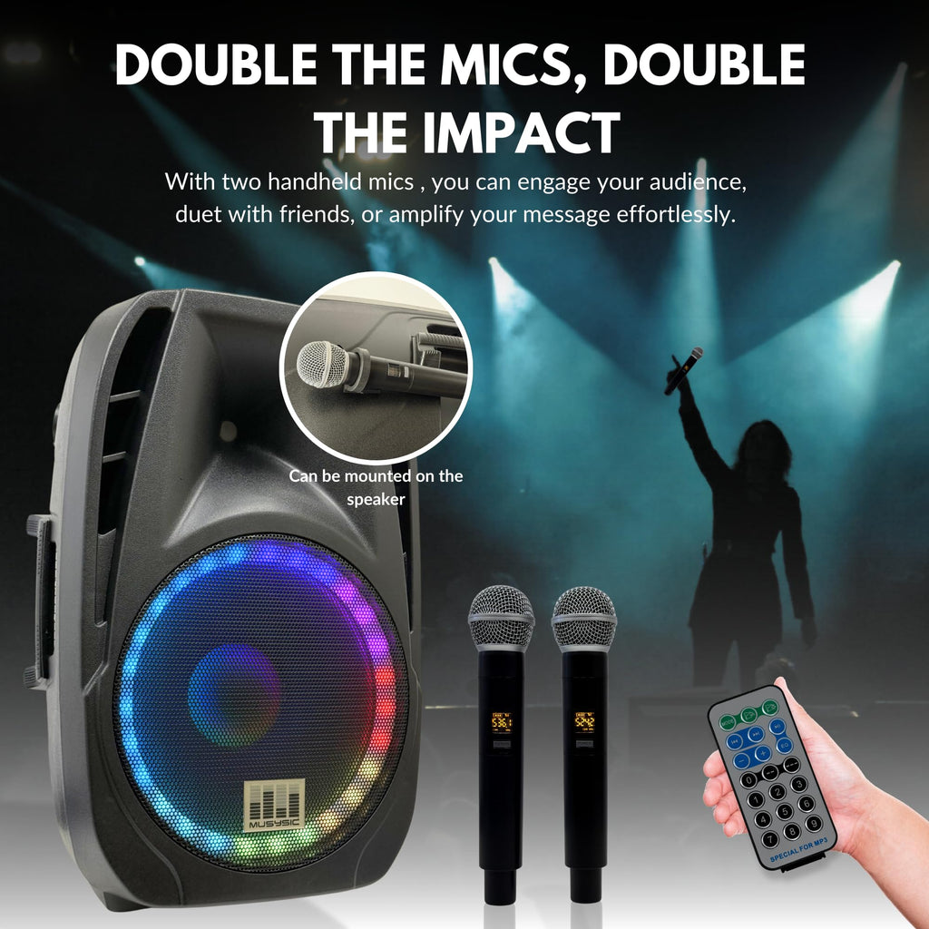 15" 2000W Portable PA Speaker System with Wireless Microphones U856