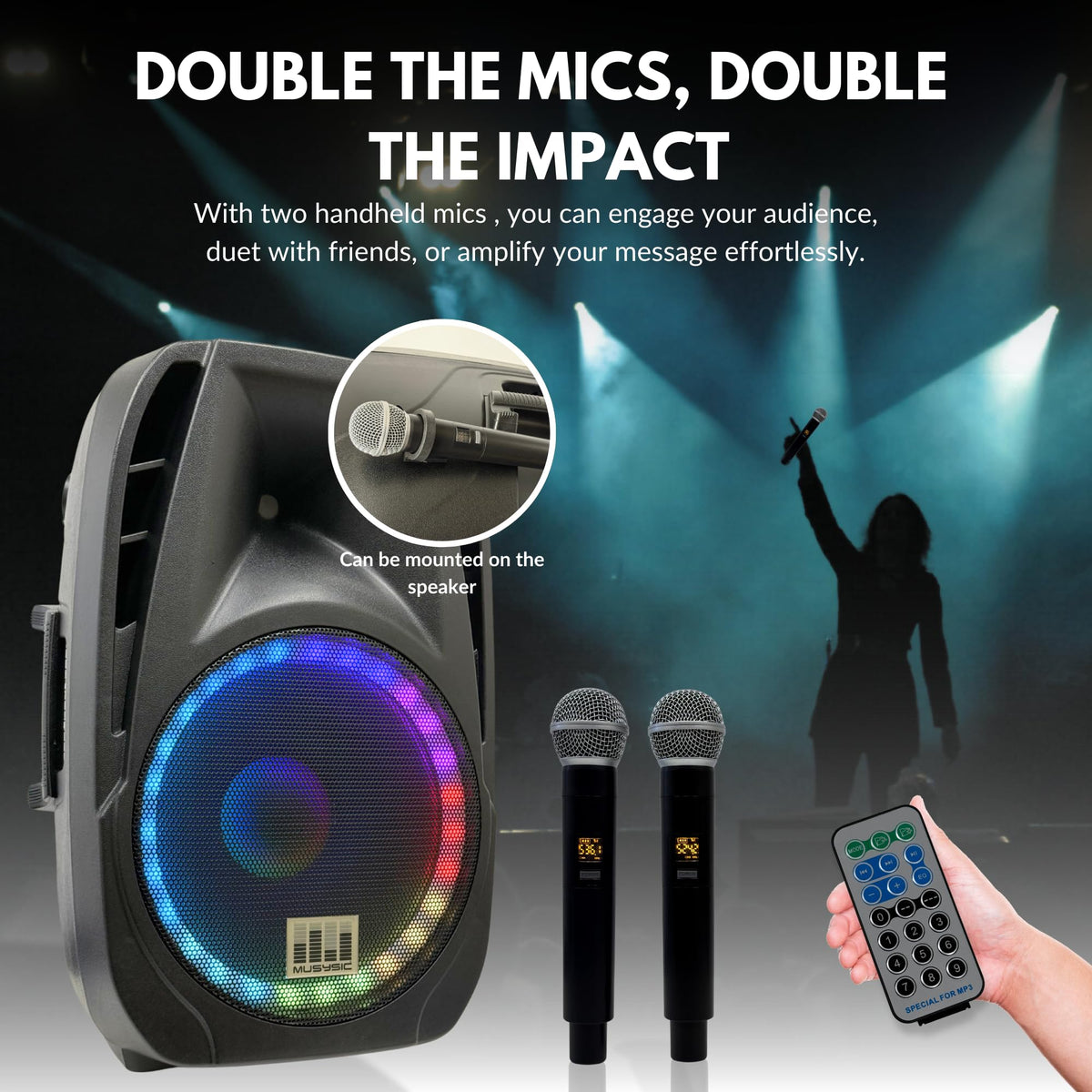 15" 2000W Portable PA Speaker System with Wireless Microphones U856