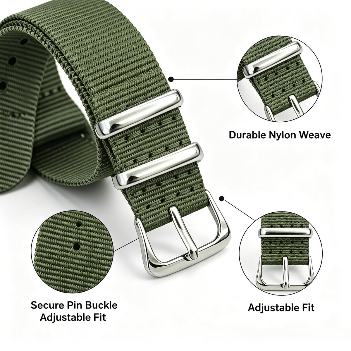 Nylon Watch Band with Stainless Steel Silver Buckle U6489