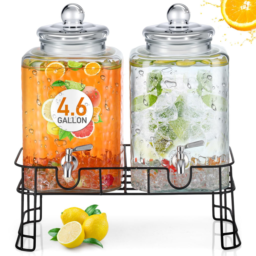 4.6 Gallon Glass Beverage Dispenser with Stand Stainless Steel Spigot 2 Pack O244770