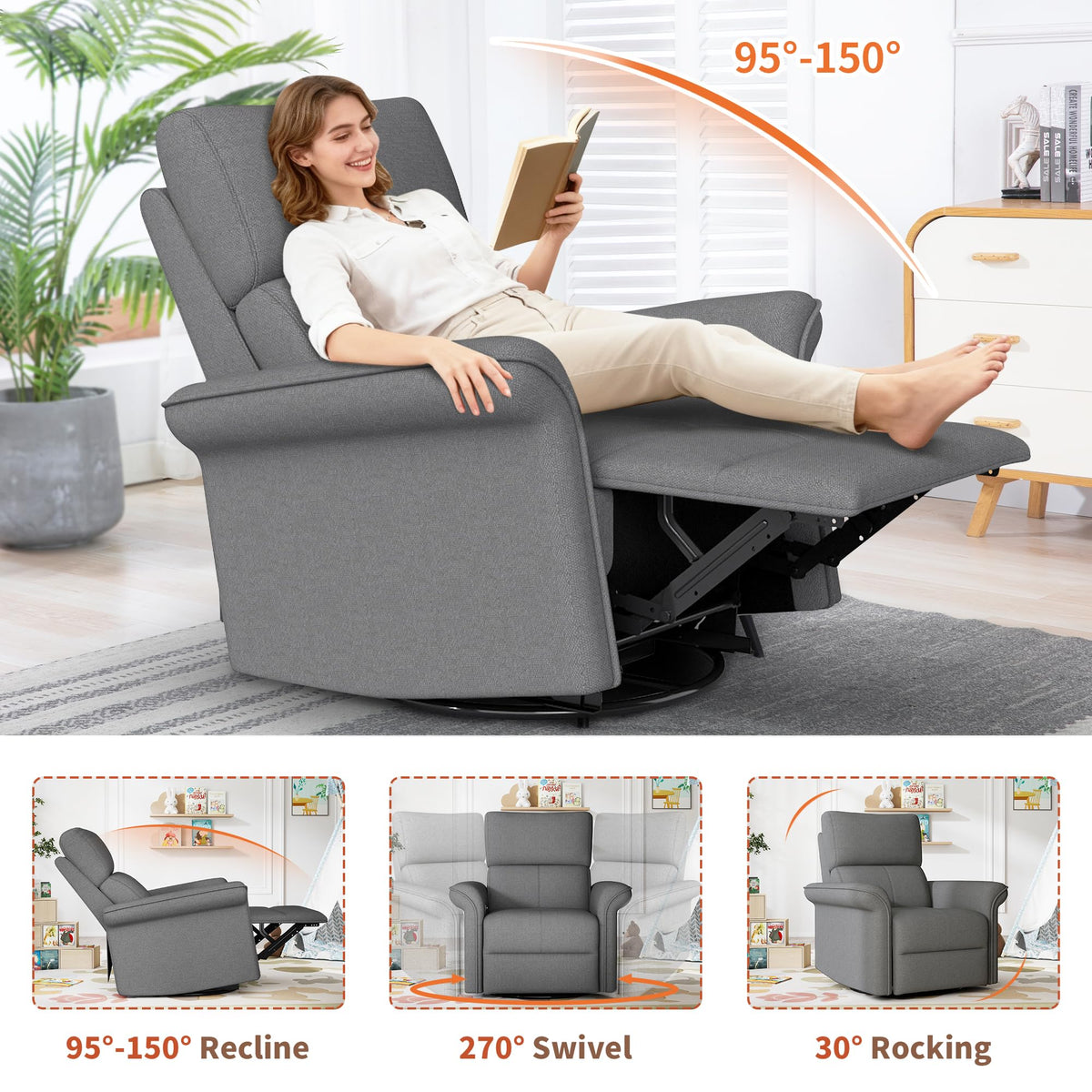 30" Dark Gray Power Swivel Rocker Recliner Chair J947047