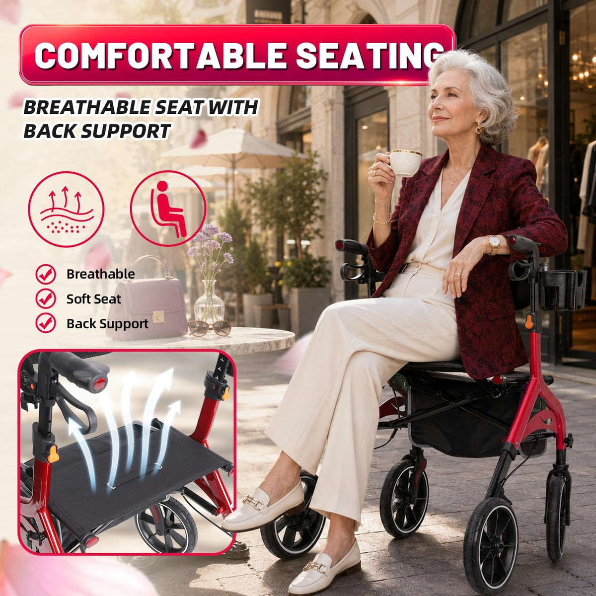 Foldable Red Rollator Walker with Seat X27598