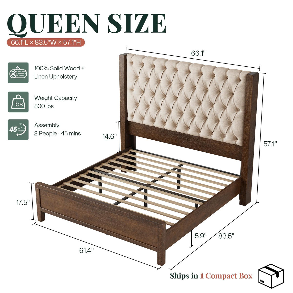 Queen Size Solid Wood Bed Frame with Wingback Headboard G57470