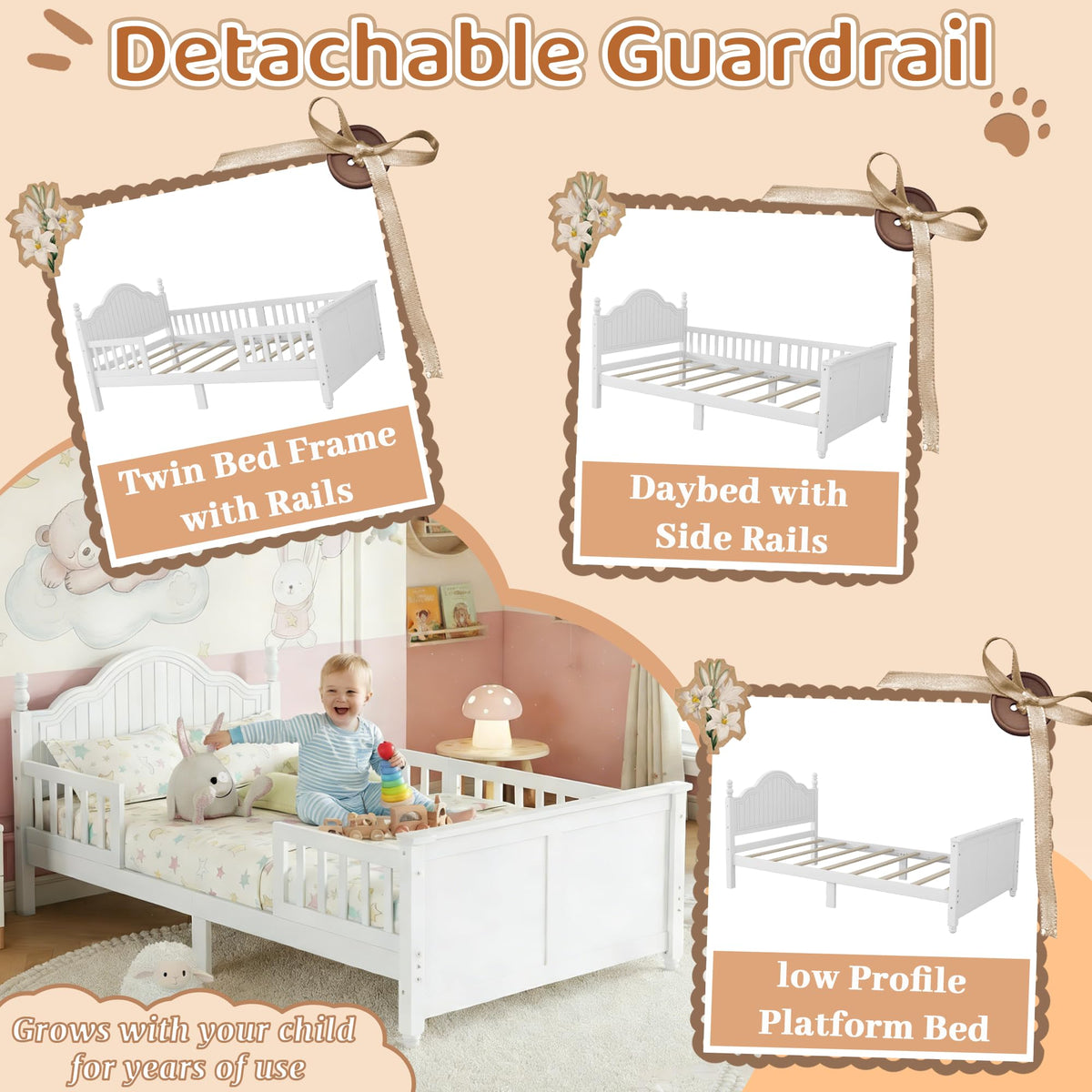 White Twin Bed Frame with Headboard and Rails Q95389