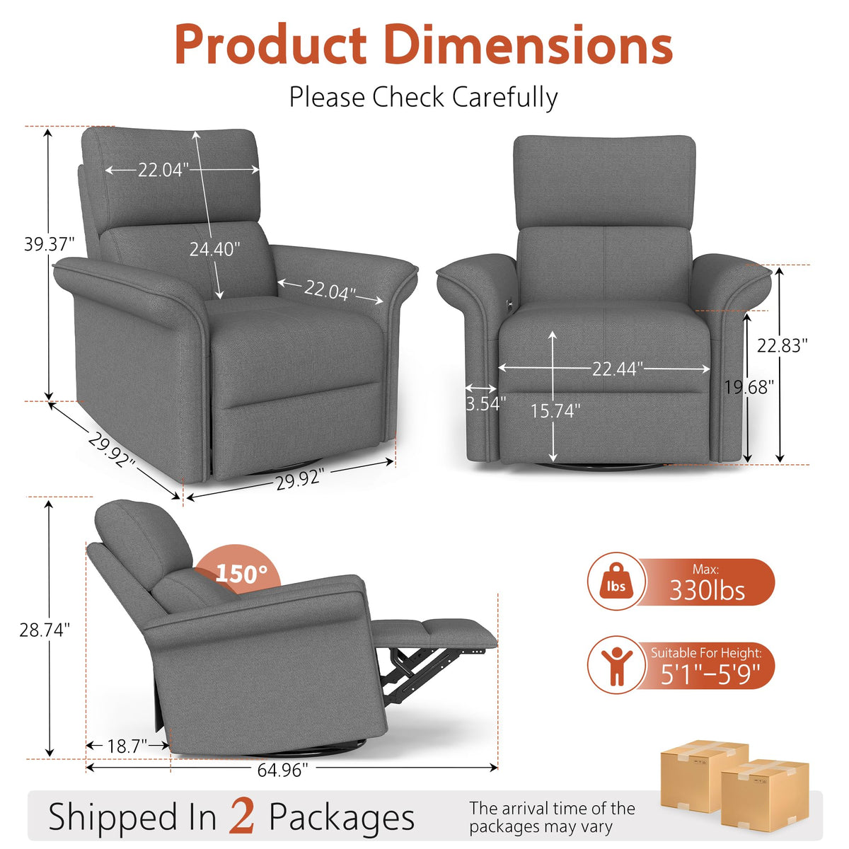 30" Dark Gray Power Swivel Rocker Recliner Chair J947047