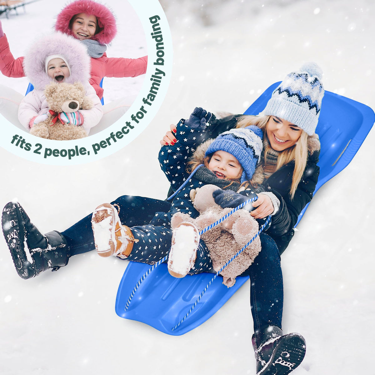 Kids Plastic Snow Sled with Pull Rope and Handles, Blue J484