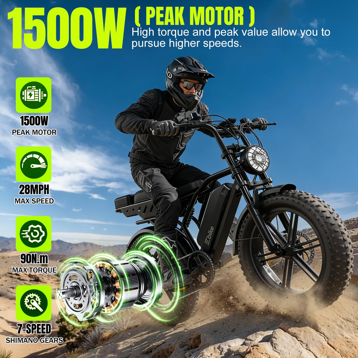 Electric Bike 48V 15Ah Battery 1500W Peak Motor 20 * 4.0 Fat Tire L416