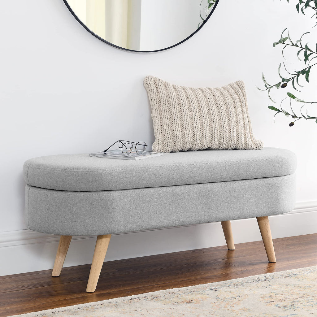 Oval Linen Upholstered Storage Bench with Rubber Wood Legs D96686