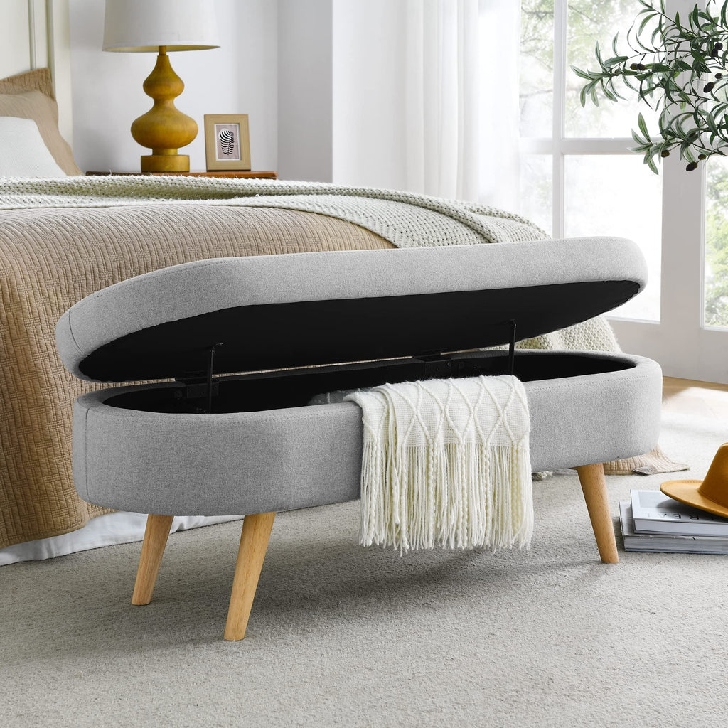 Oval Linen Upholstered Storage Bench with Rubber Wood Legs D96686