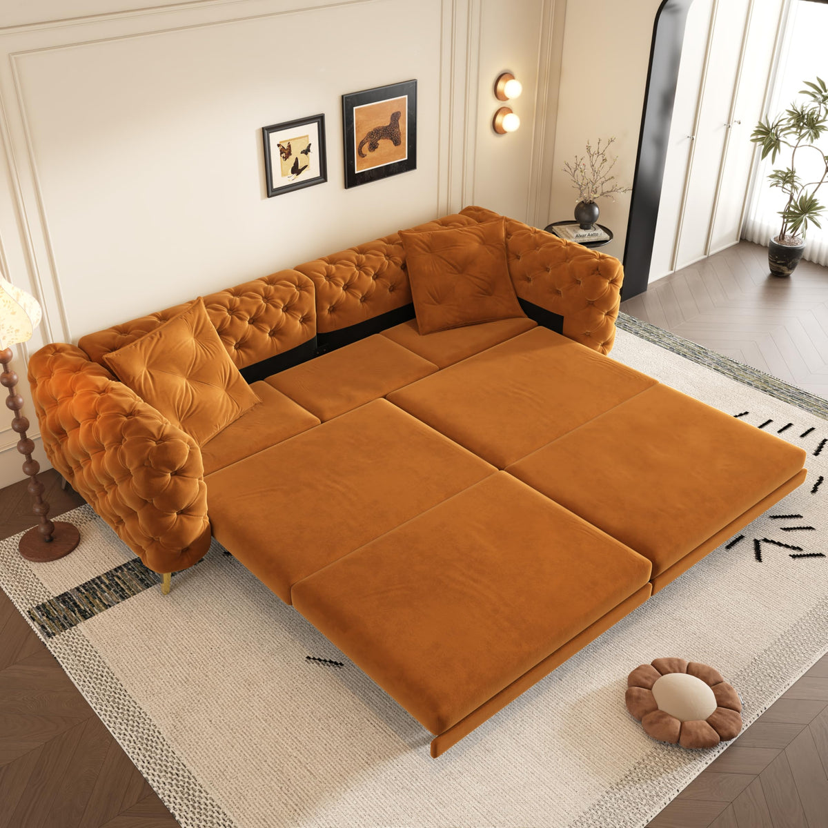 Orange Velvet Convertible Sleeper Sofa with Ottoman Y35423