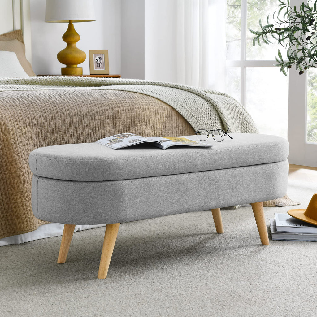 Oval Linen Upholstered Storage Bench with Rubber Wood Legs D96686