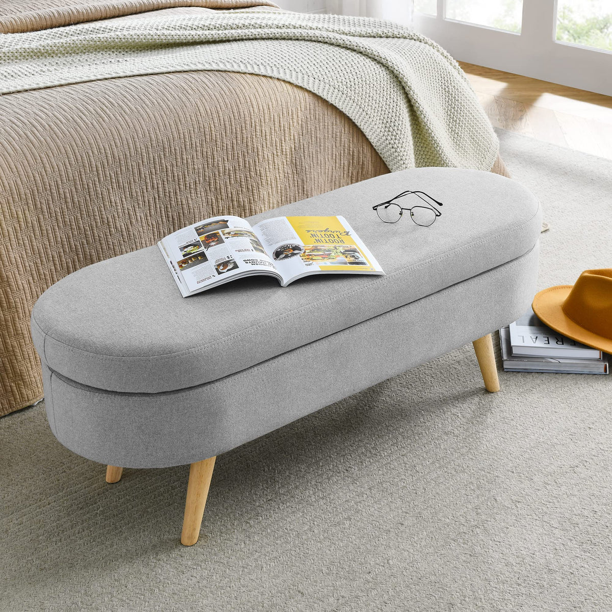 Oval Linen Upholstered Storage Bench with Rubber Wood Legs D96686