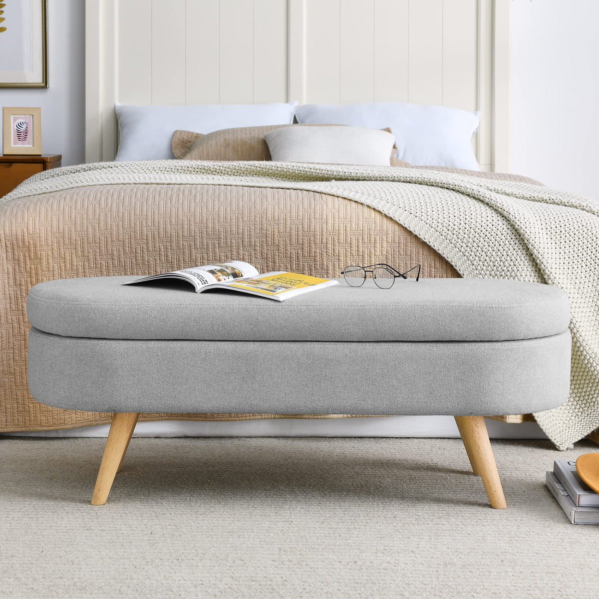 Oval Linen Upholstered Storage Bench with Rubber Wood Legs D96686